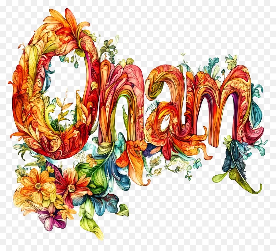 Onam，Texto Onam Com Desenho Floral PNG