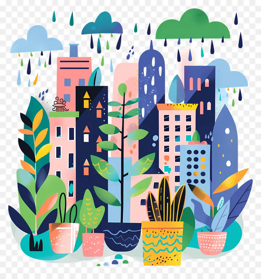 Cidade Da Chuva，Paisagem Urbana Com Plantas PNG