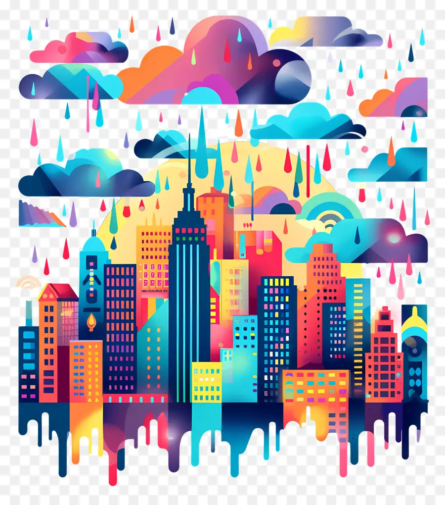 Tempestade De Chuva，Paisagem Urbana Colorida PNG