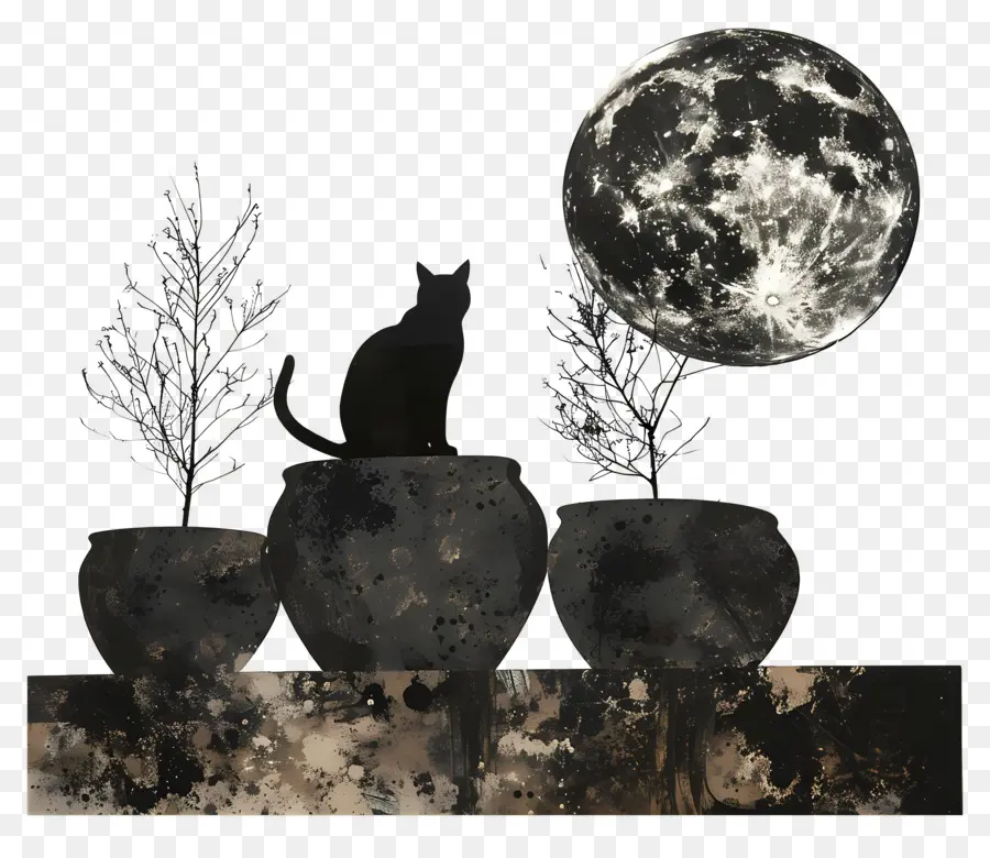 Silhueta De Gato，Gato E Lua PNG