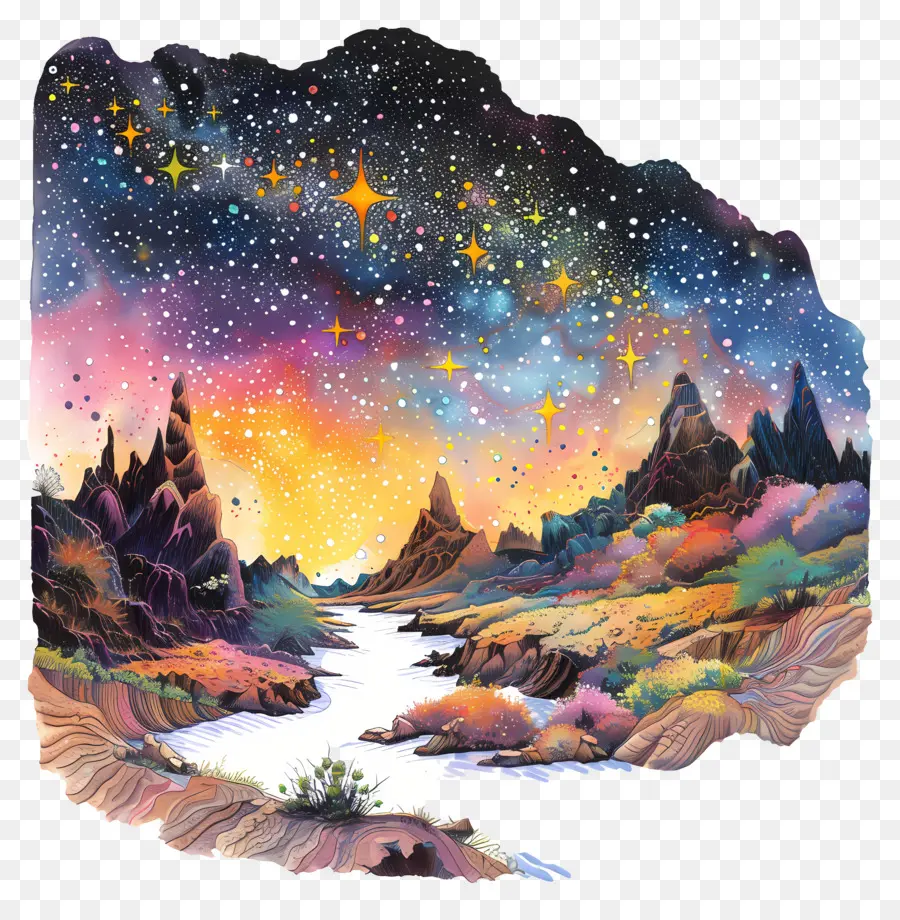 Vale，Paisagem De Noite Estrelada PNG