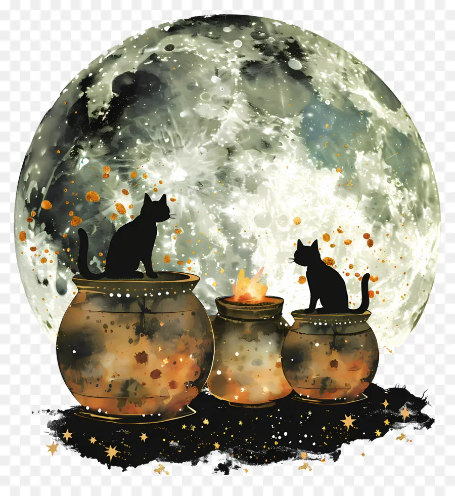 Silhueta De Gato，Gatos E Lua PNG