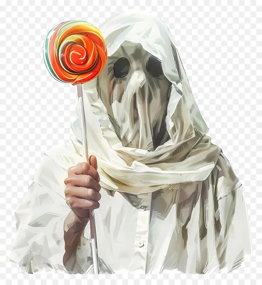 Pirulito Fantasma，Pessoa De Capa Branca Com Pirulito PNG