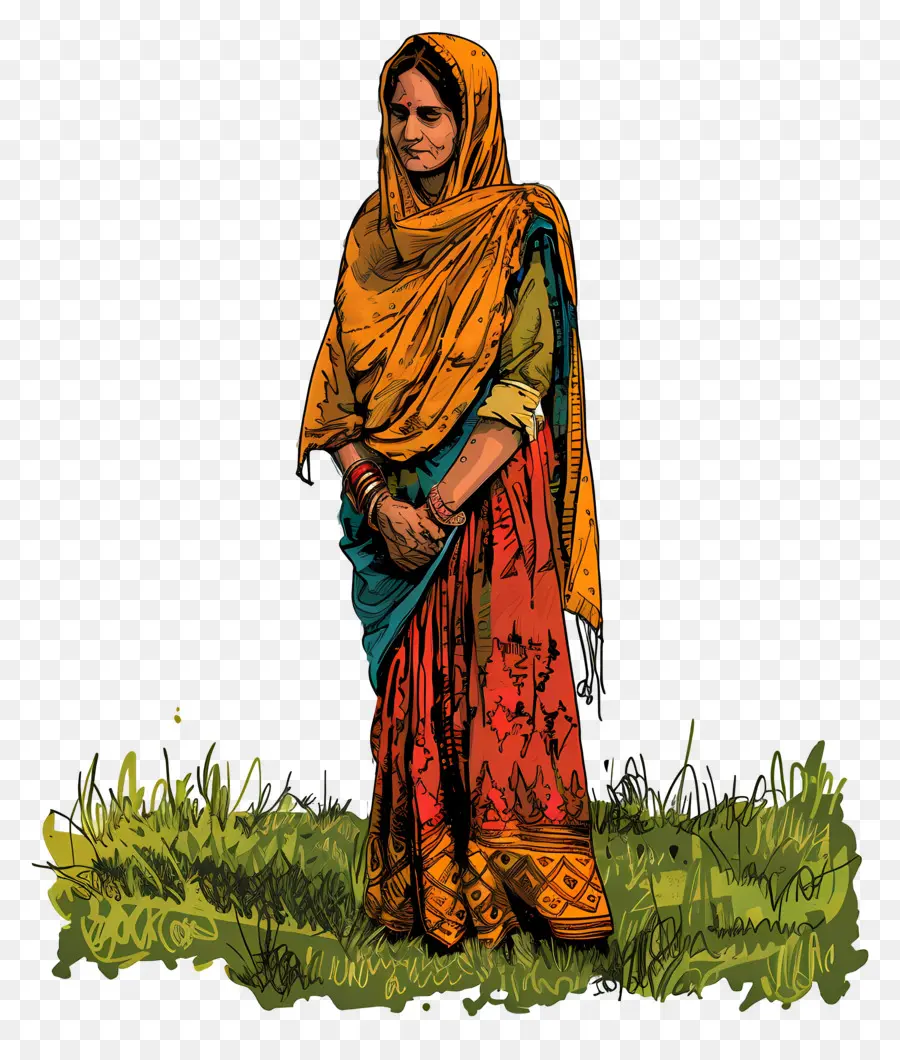 Mulher Punjabi Indiana，Mulher Em Vestido Tradicional PNG