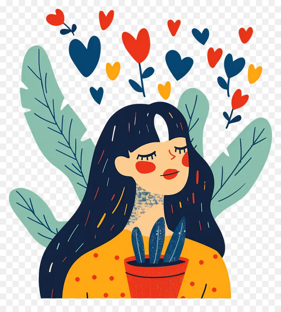 Mulher Dos Desenhos Animados，Menina Com Plantas E Corações PNG