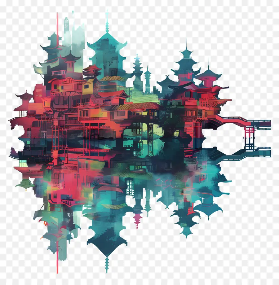 Cidade Enigmática，Reflexo Colorido Da Paisagem Urbana PNG