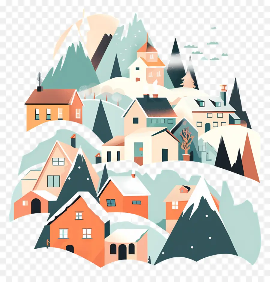 Cidade Coberta De Avalanche，Casas Coloridas PNG