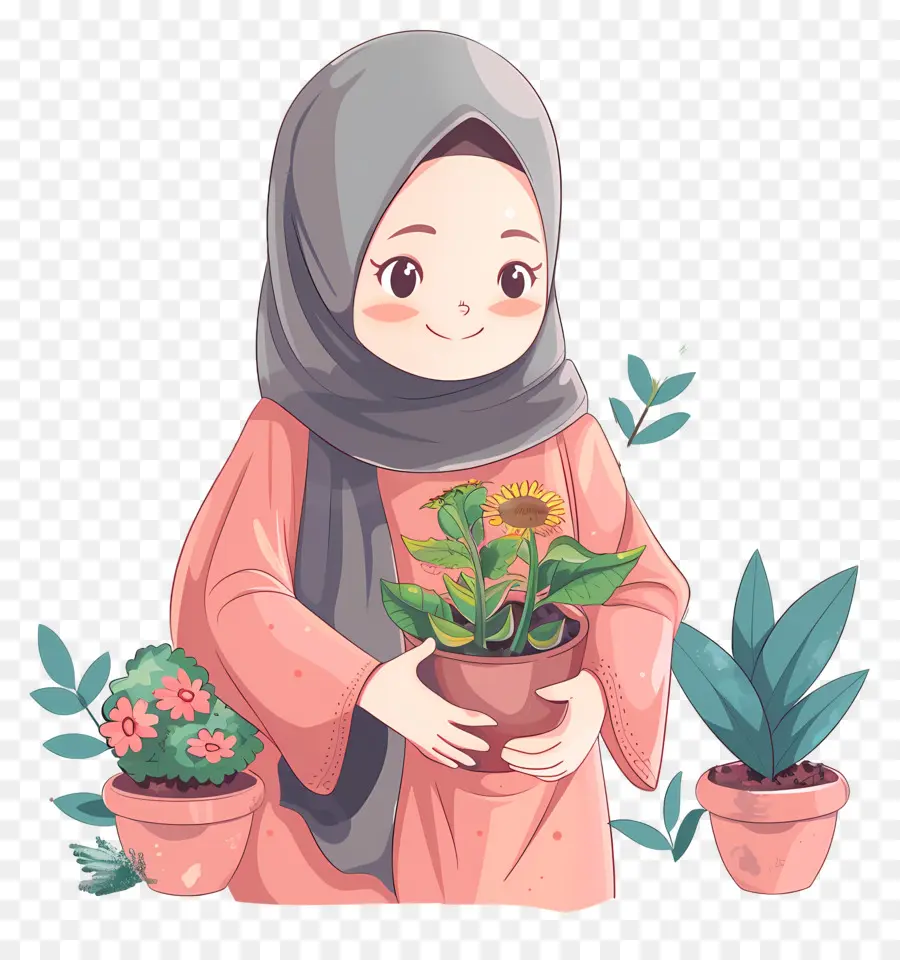 Garota Hijab Fazendo Jardinagem，Menina Com Plantas PNG