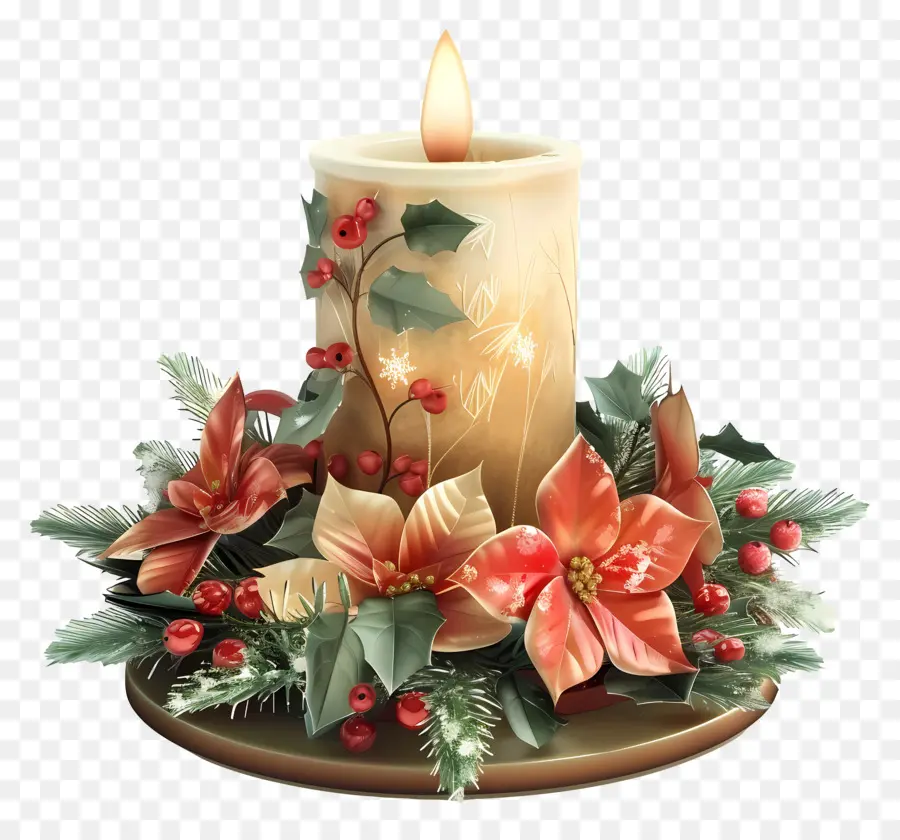 Vela De Natal，Vela Com Poinsétia PNG