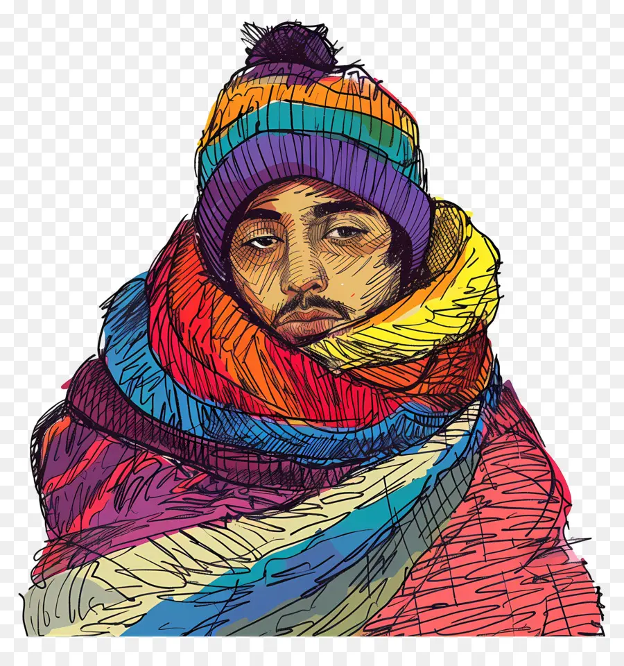 Homem Inverno，Homem Com Lenço Colorido PNG