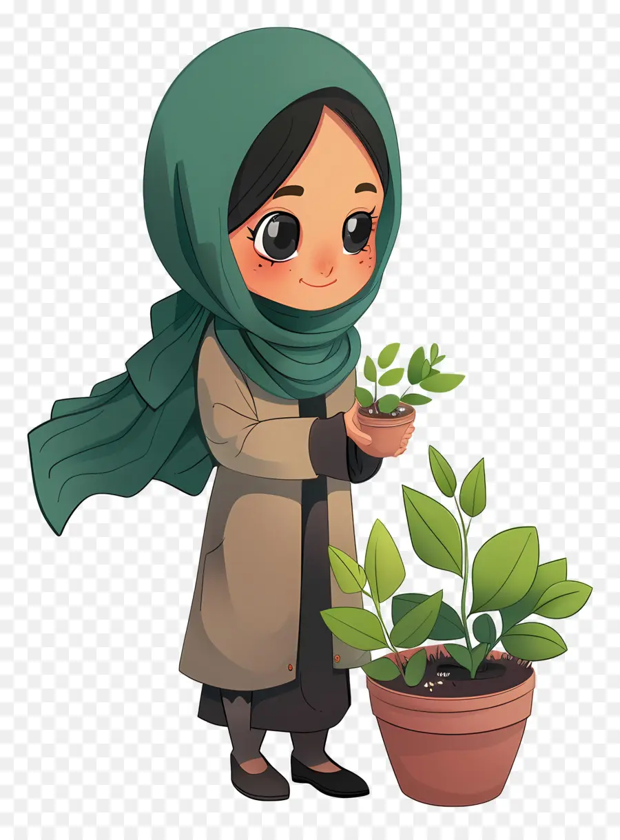 Garota Hijab Fazendo Jardinagem，Menina Com Planta PNG