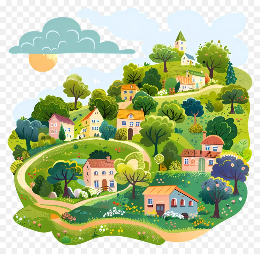 Paisagem Da Aldeia，Casas De Doodle PNG