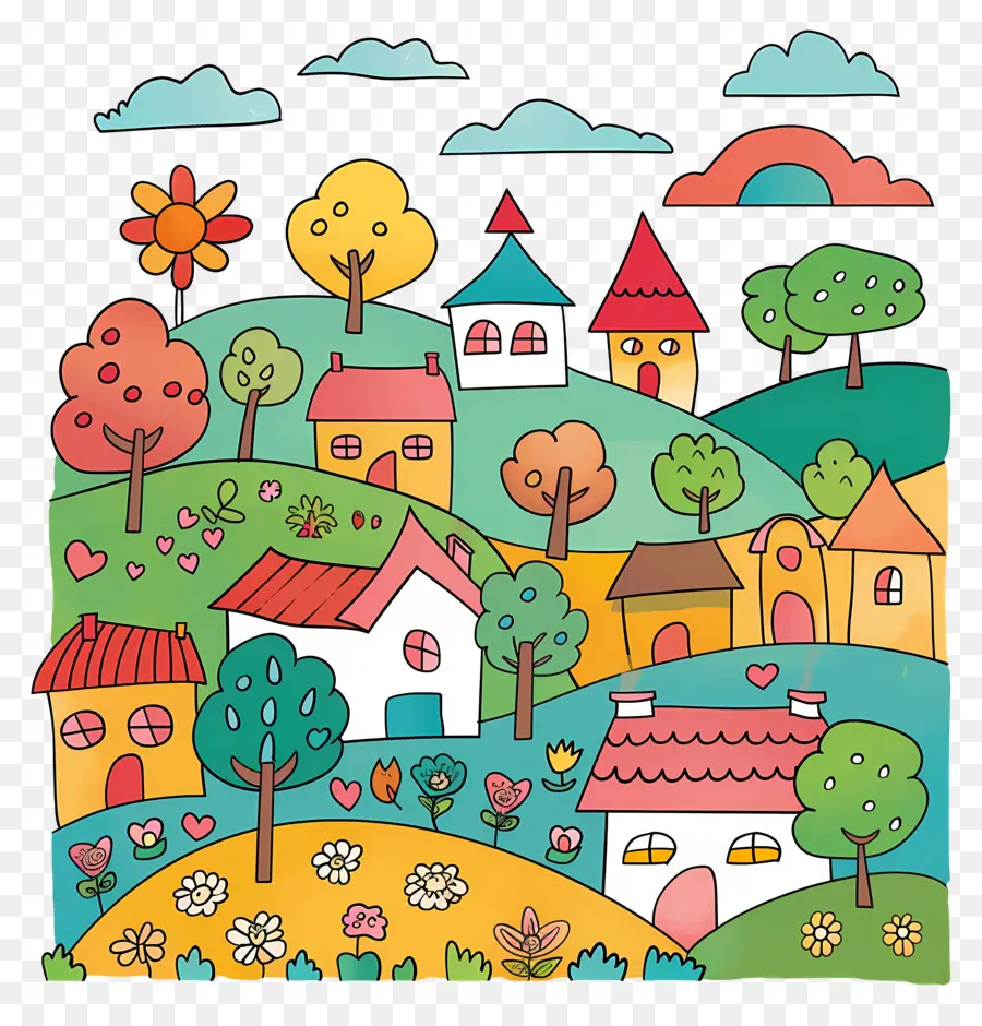 Paisagem Da Aldeia，Casas De Doodle PNG