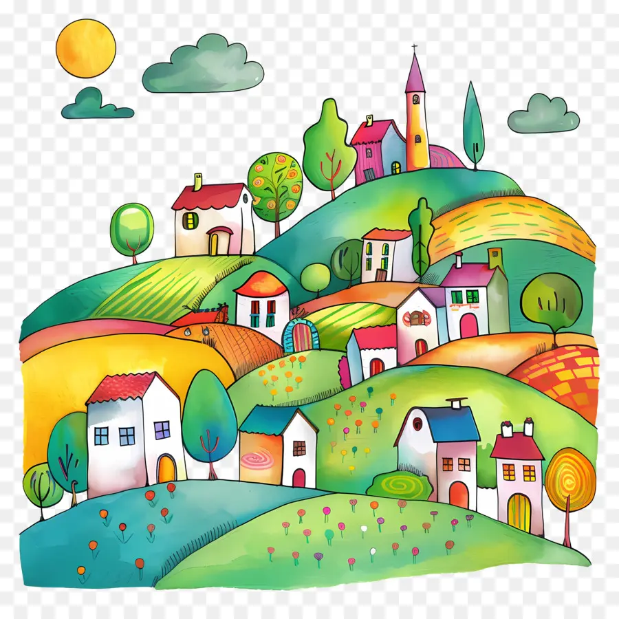 Paisagem Da Aldeia，Casas De Doodle PNG