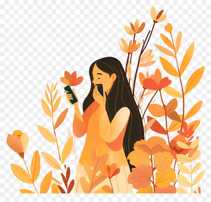 Mulher No Telefone，Menina Com Flores PNG