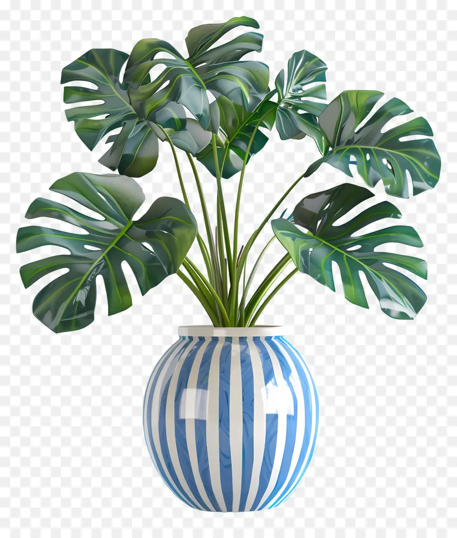 Planta Tropical Em Vaso，Vaso Listrado Com Folhas PNG