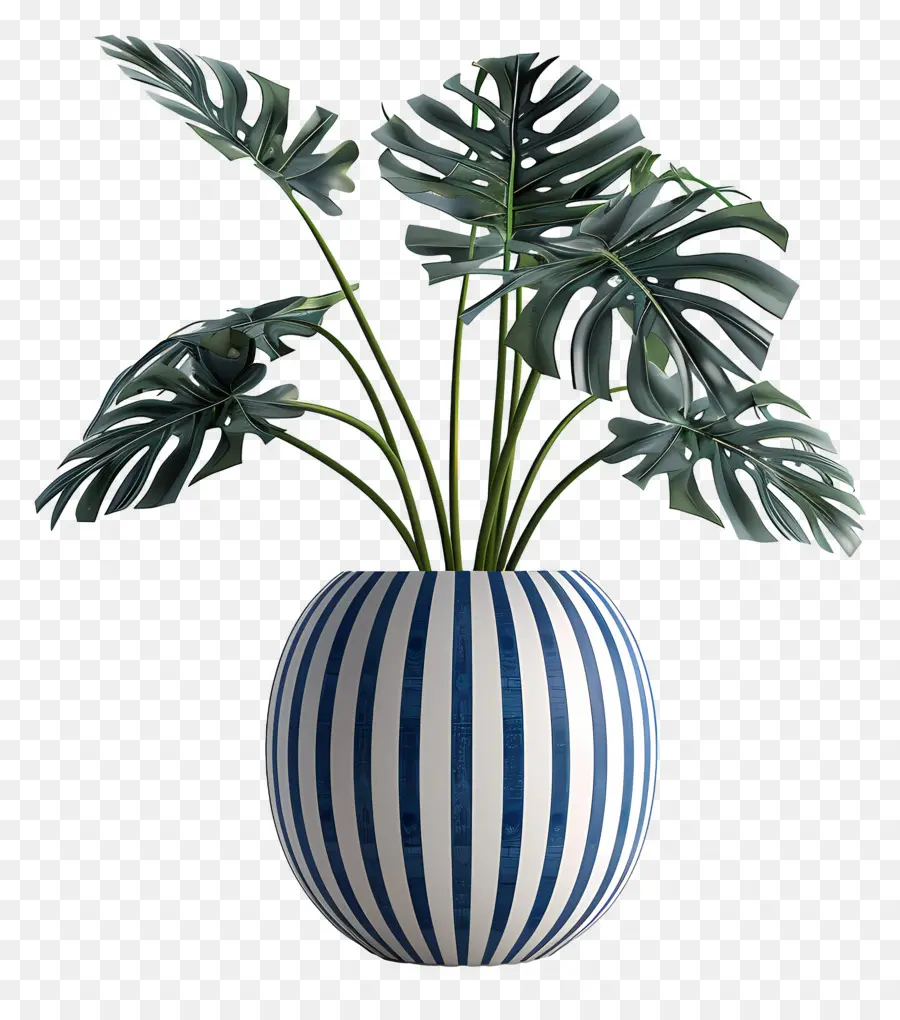 Planta Tropical Em Vaso，Vaso Listrado Com Folhas PNG