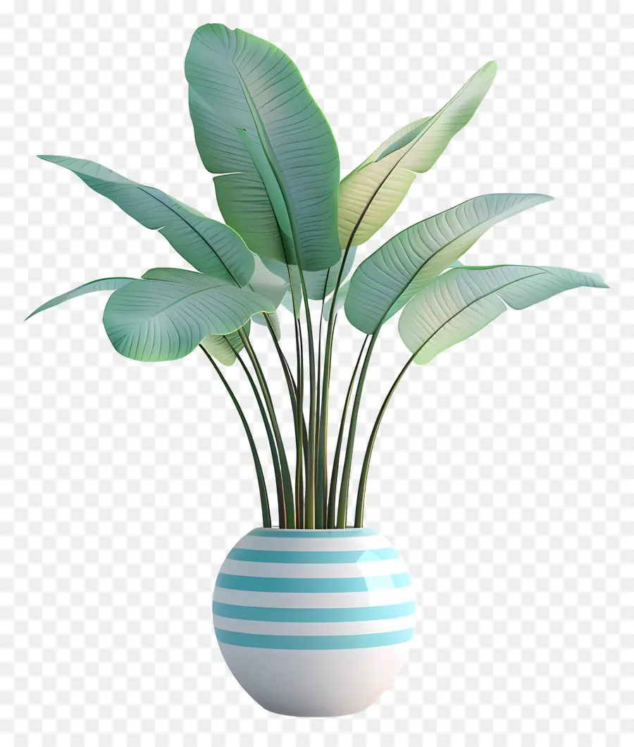 Planta Tropical Em Vaso，Vaso Listrado Com Folhas PNG