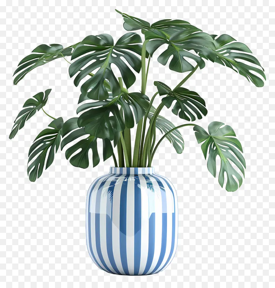 Planta Tropical Em Vaso，Vaso Listrado Com Folhas PNG