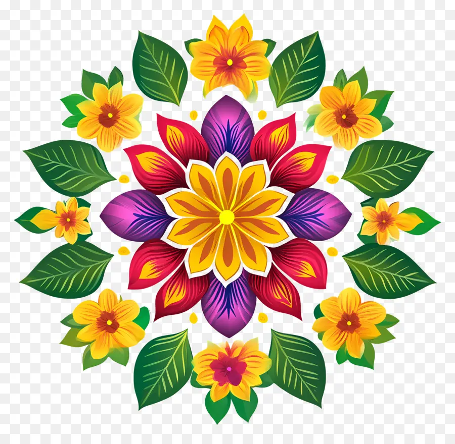 Onam Floral Rangoli，Flores Coloridas PNG