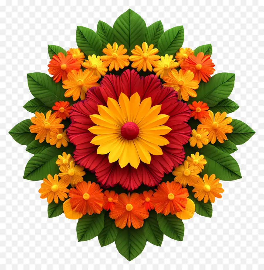 Onam Floral Rangoli，Flores Coloridas PNG