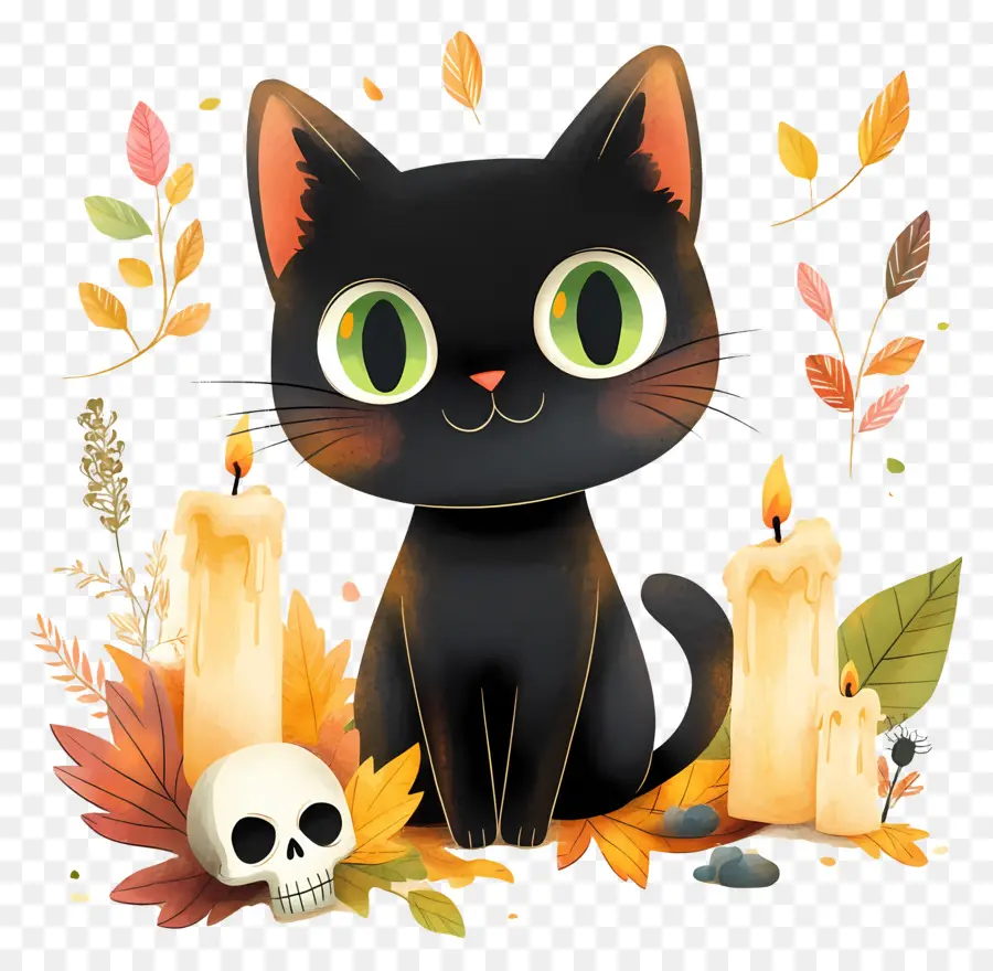 Gato Preto De Halloween，Gato Preto Com Velas PNG