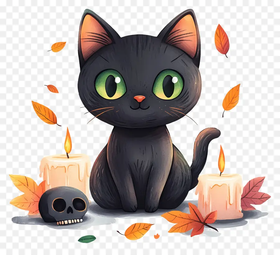 Gato Preto De Halloween，Gato Preto Com Velas PNG