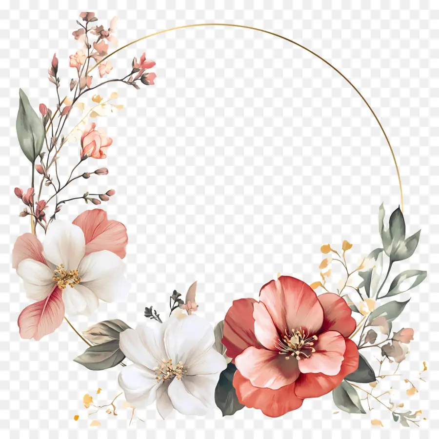 Moldura Círculo De Casamento，Flores Vermelhas E Rosa PNG