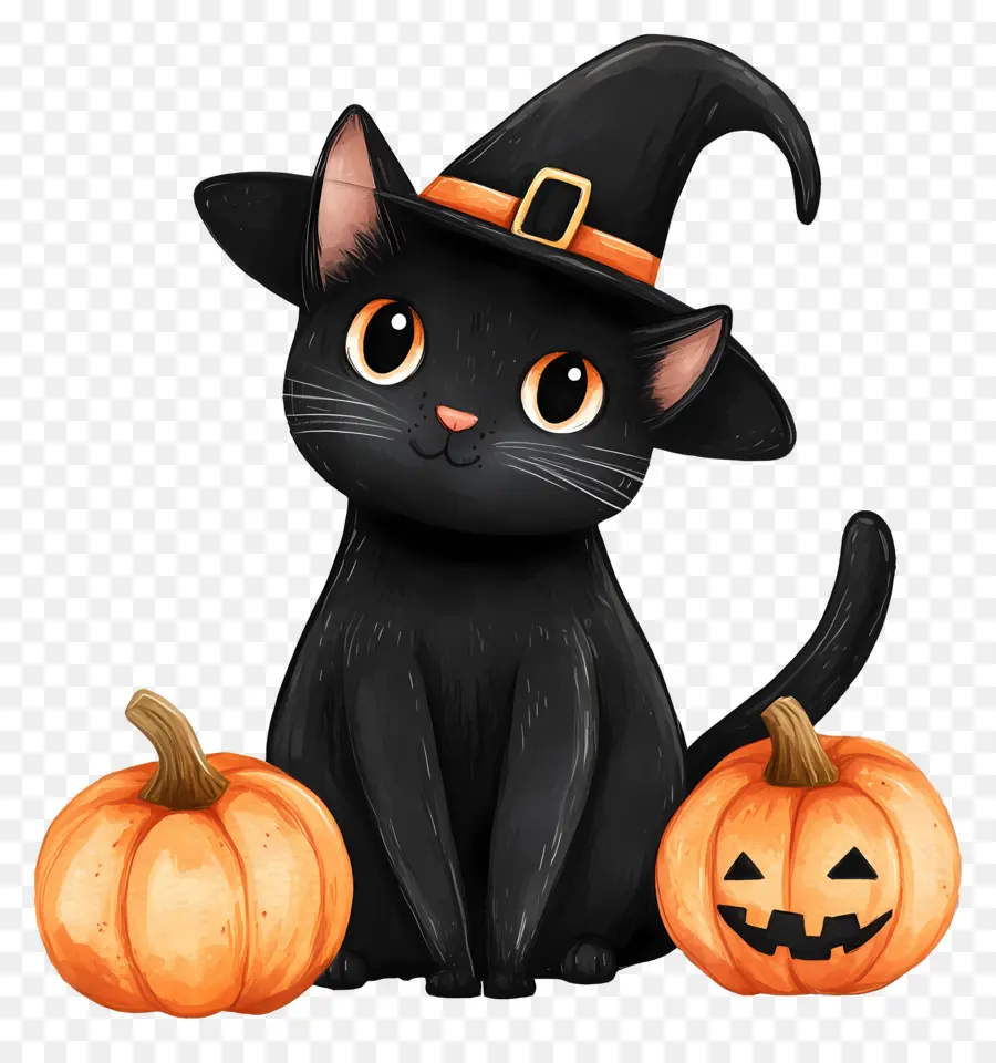 Gato Preto De Halloween，Gato Preto Com Abóboras PNG