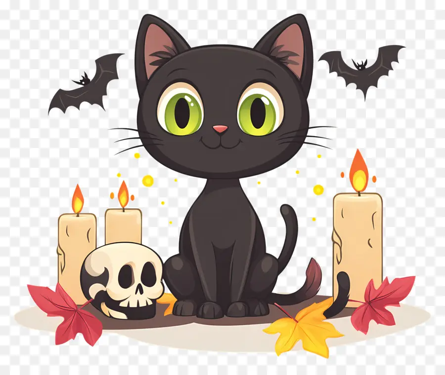 Gato Preto De Halloween，Gato Preto Com Velas PNG