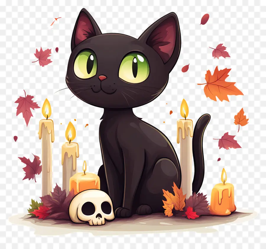 Gato Preto De Halloween，Gato Preto Com Velas PNG