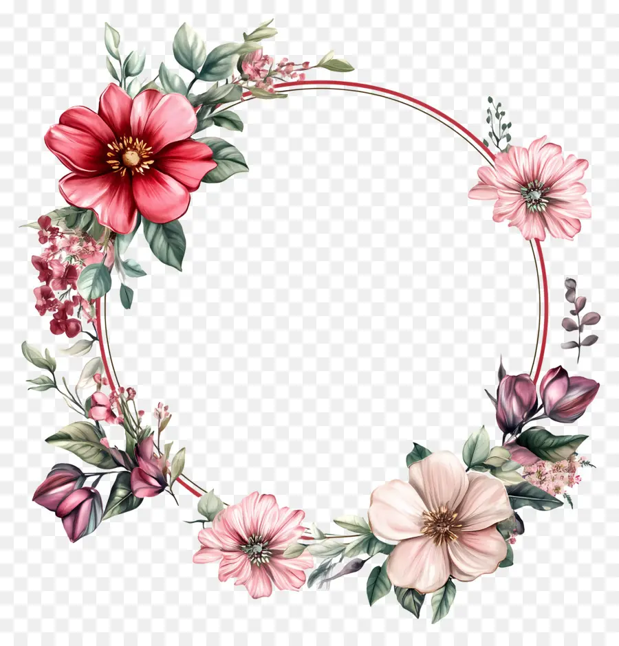 Moldura Círculo De Casamento，Flores Vermelhas E Rosa PNG