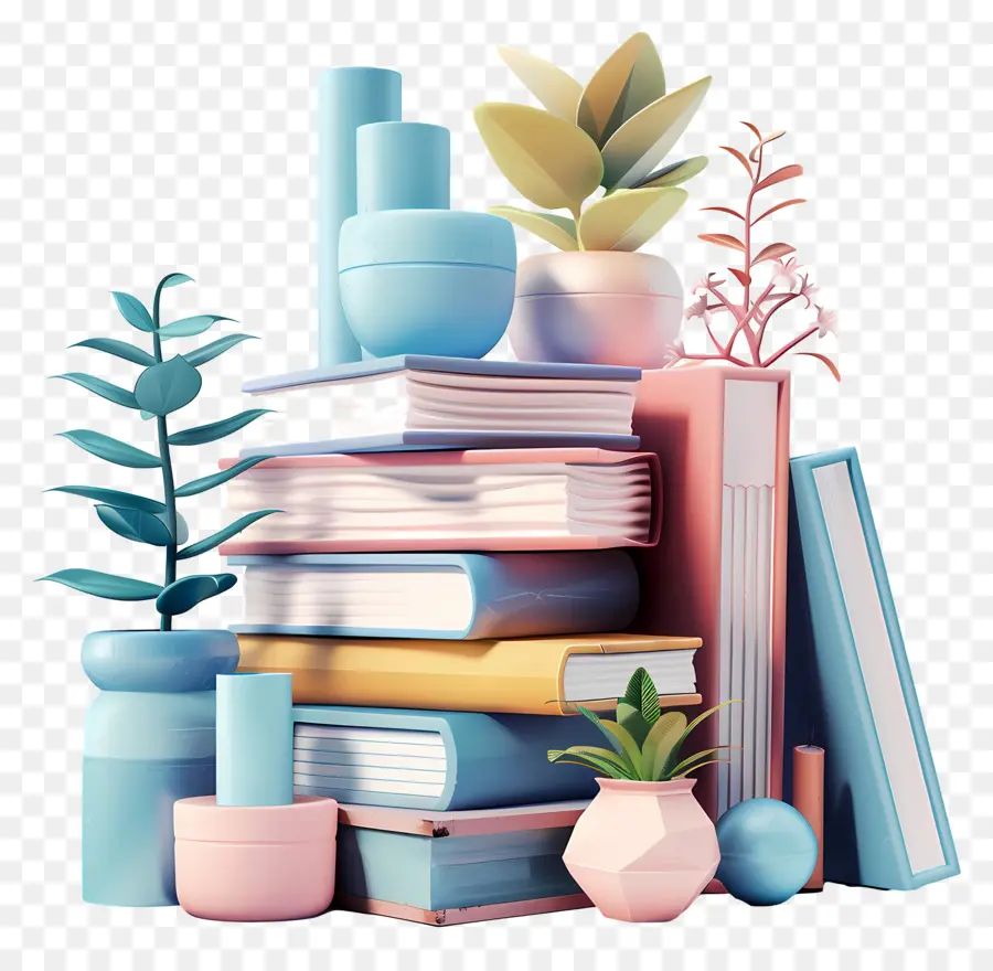 Pilha De Livros 3d，Livros E Plantas PNG