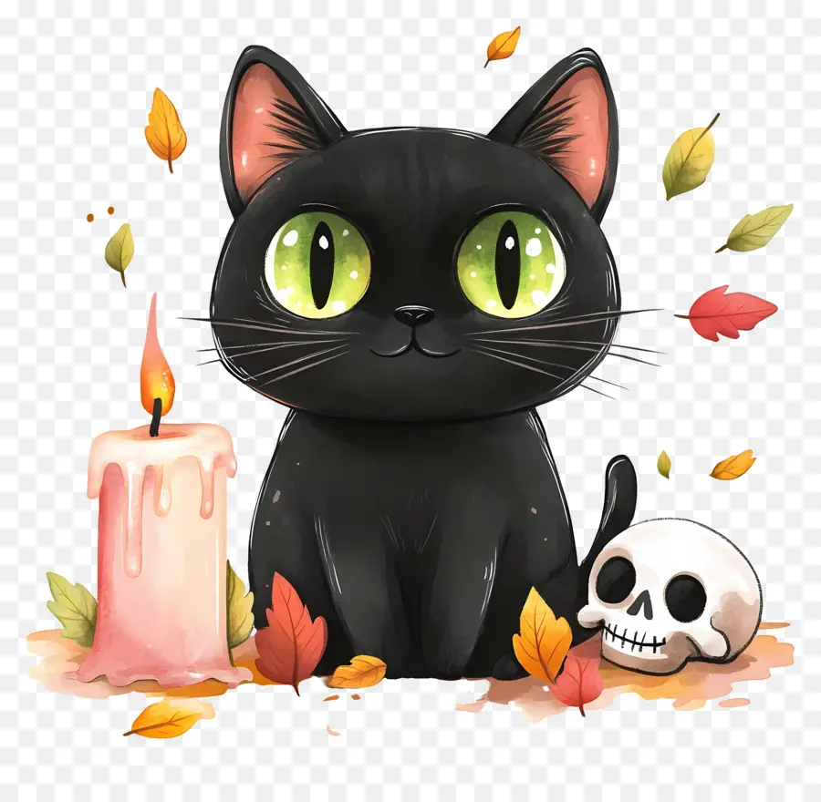 Gato Preto De Halloween，Gato Preto Com Velas PNG