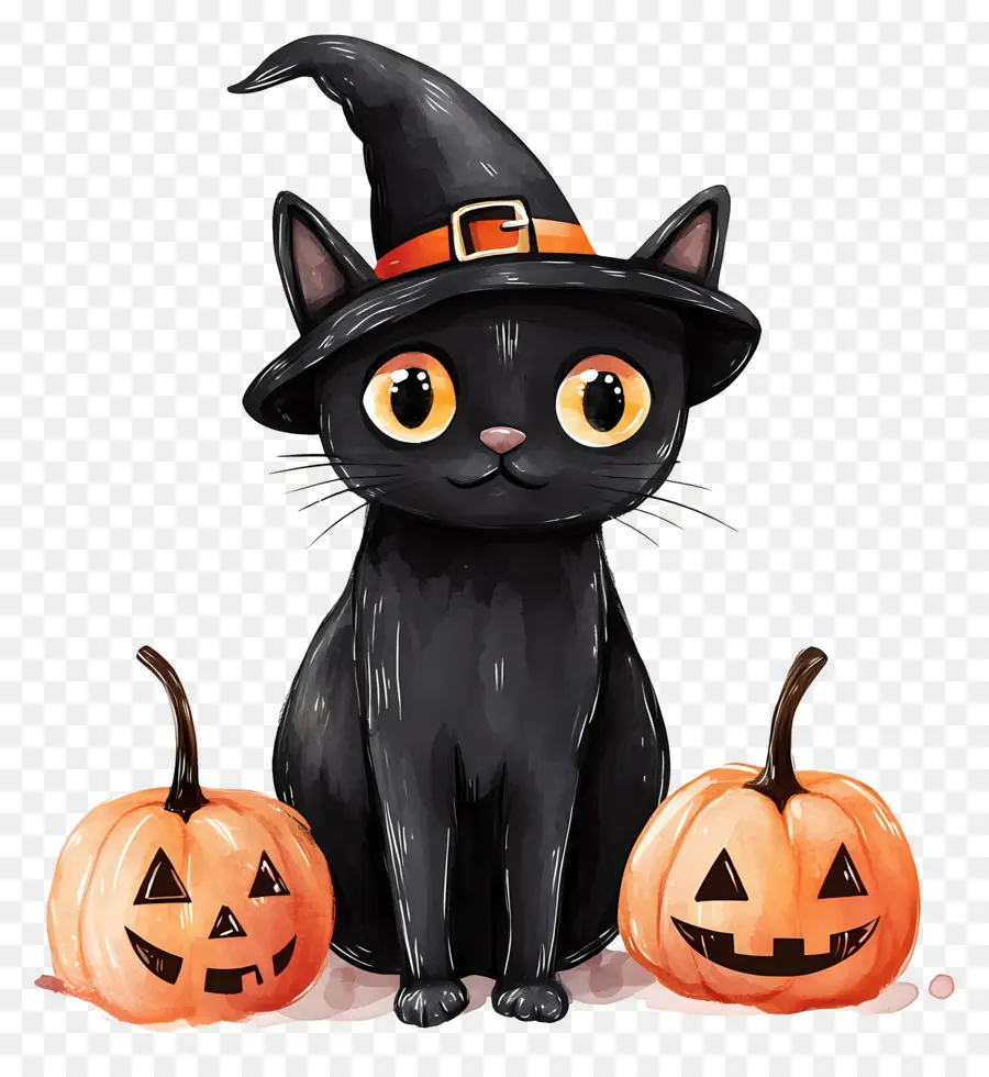 Gato Preto De Halloween，Gato Preto Com Abóboras PNG