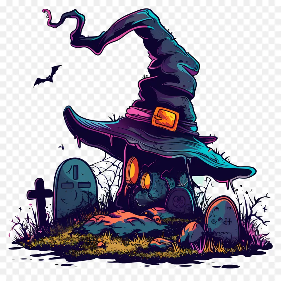 Chapéu De Bruxa De Halloween，Chapéu De Bruxa E Lápides PNG