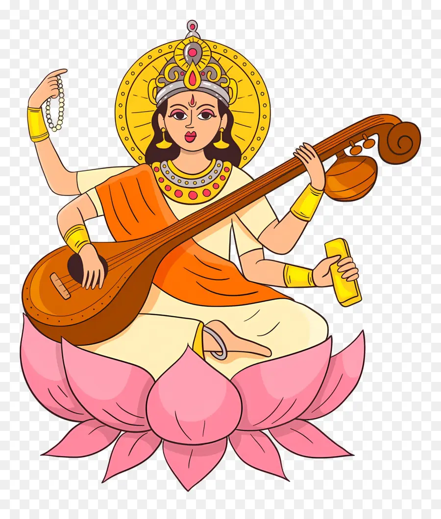 Saraswati，Deusa Com Veena PNG