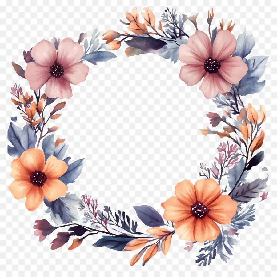 Moldura Redonda De Casamento，Flores Vermelhas E Laranjas PNG