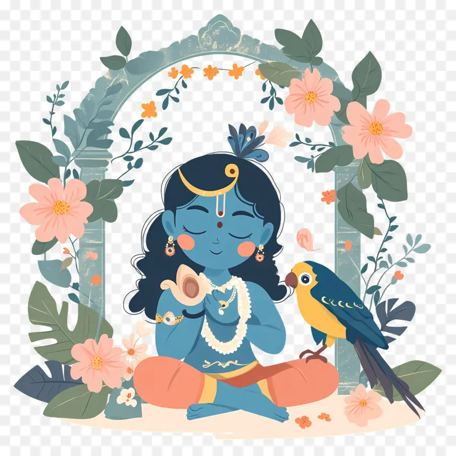 Krishna Janmashtami，Divindade Azul Com Papagaio PNG