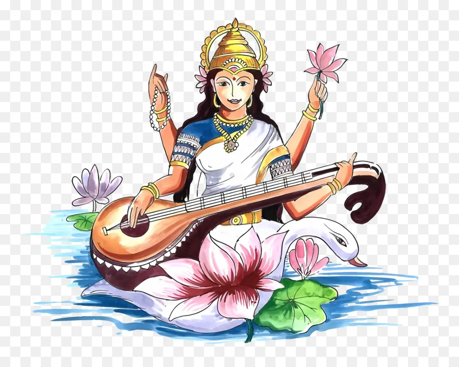 Saraswati，Deusa Com Veena PNG