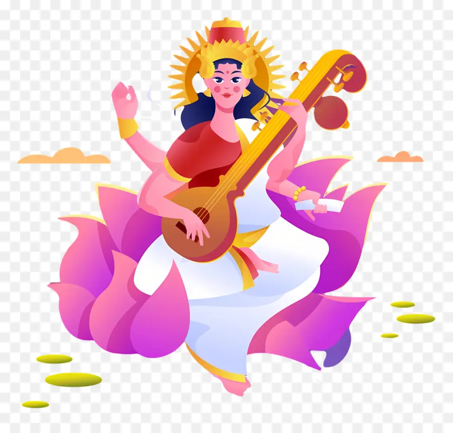 Saraswati，Deusa Com Instrumento PNG