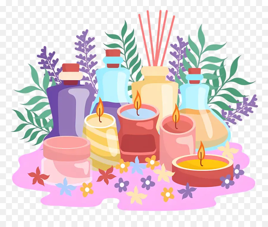 Elementos De Aromaterapia，Velas E Garrafas PNG