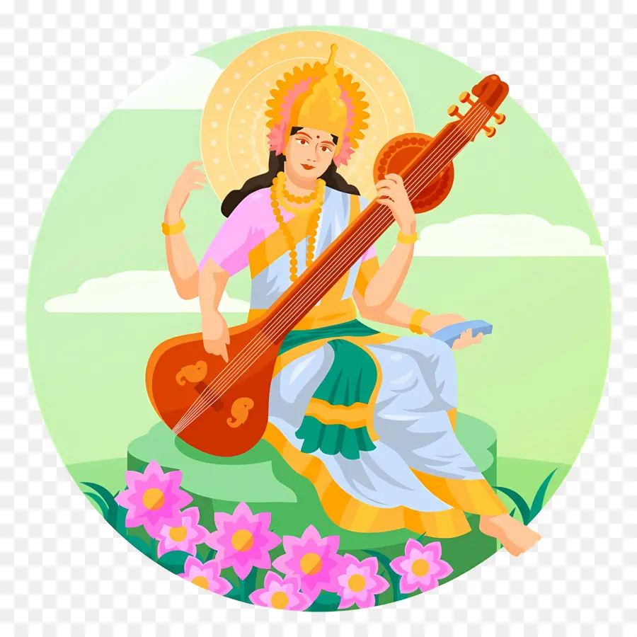 Saraswati，Deusa Jogando Veena PNG