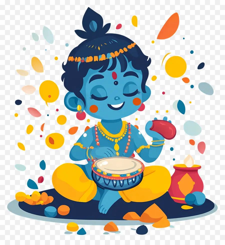 Krishna Janmashtami，Criança Azul Tocando Tambor PNG