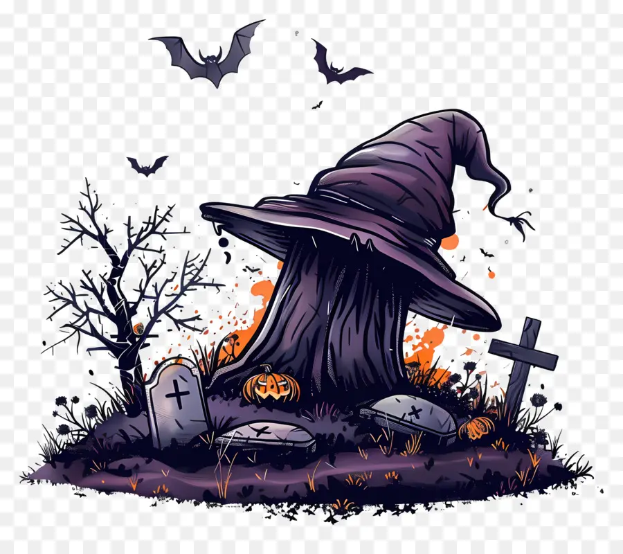 Chapéu De Bruxa De Halloween，Chapéu De Bruxa E Lápides PNG