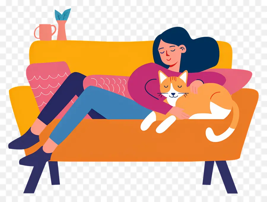 Relaxando No Sofá，Mulher Com Gato PNG