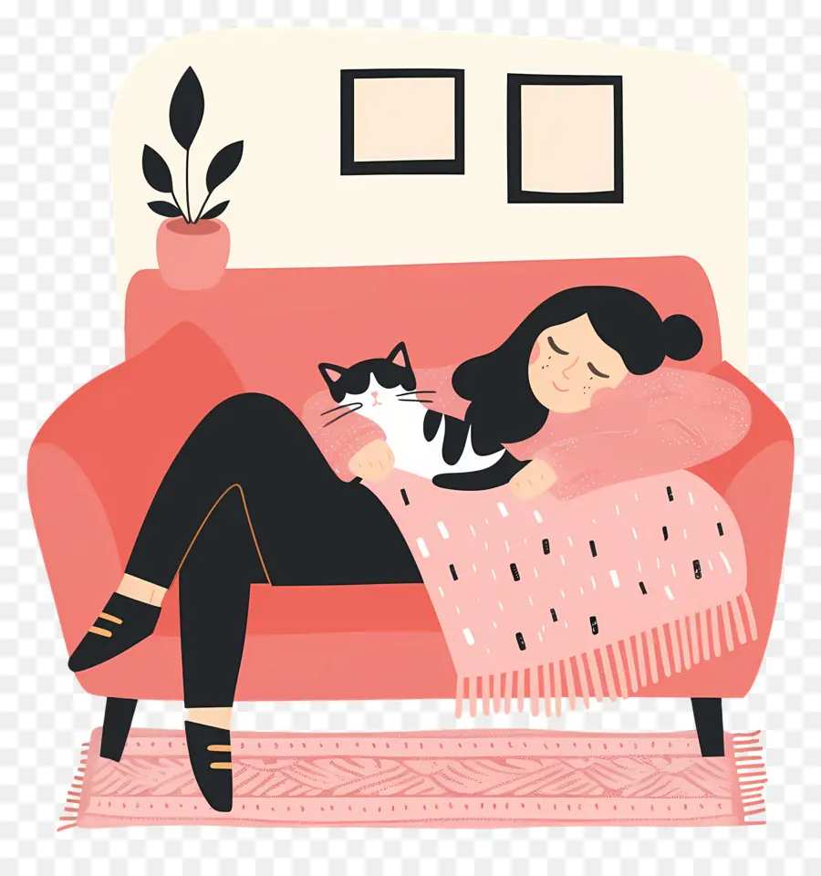 Relaxando No Sofá，Mulher Com Gato PNG