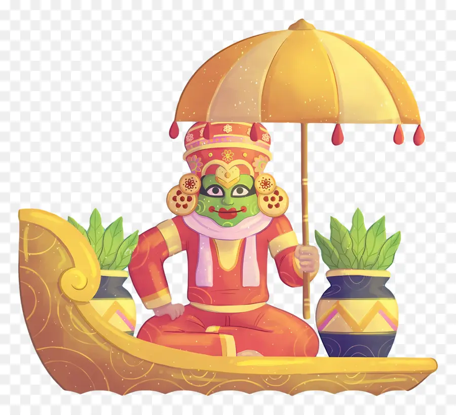 Feliz Onam，Personagem Tradicional Com Guarda Chuva PNG