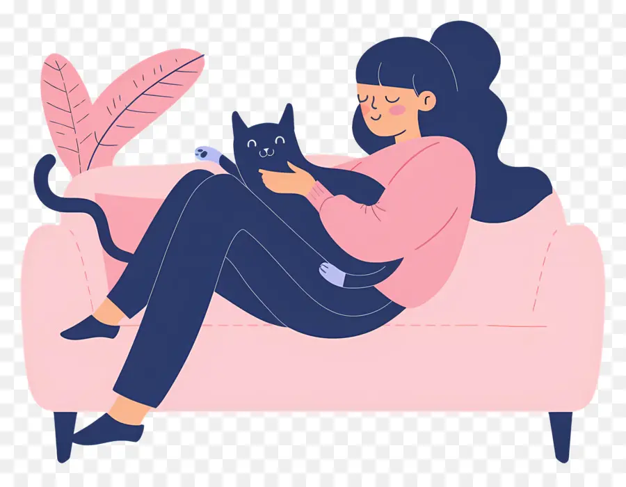 Relaxando No Sofá，Mulher Com Gato PNG