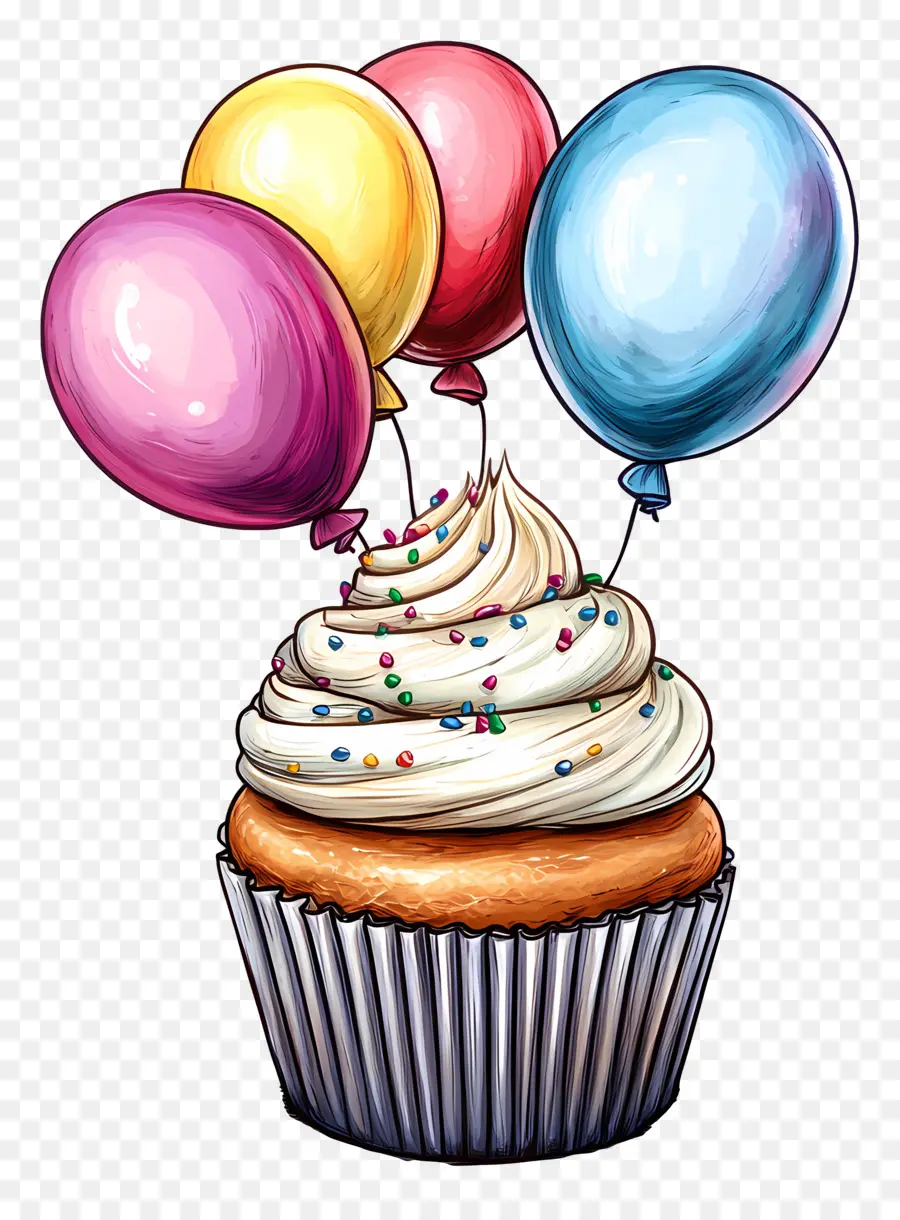 Bolinho De Aniversário，Cupcake Com Balões PNG